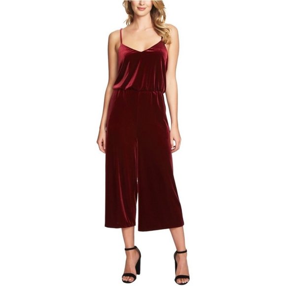 1. State Pants - 1. State Size Large Red Velvet Wide Leg Cropped Pants Jumpsuit V-Neck Burgundy